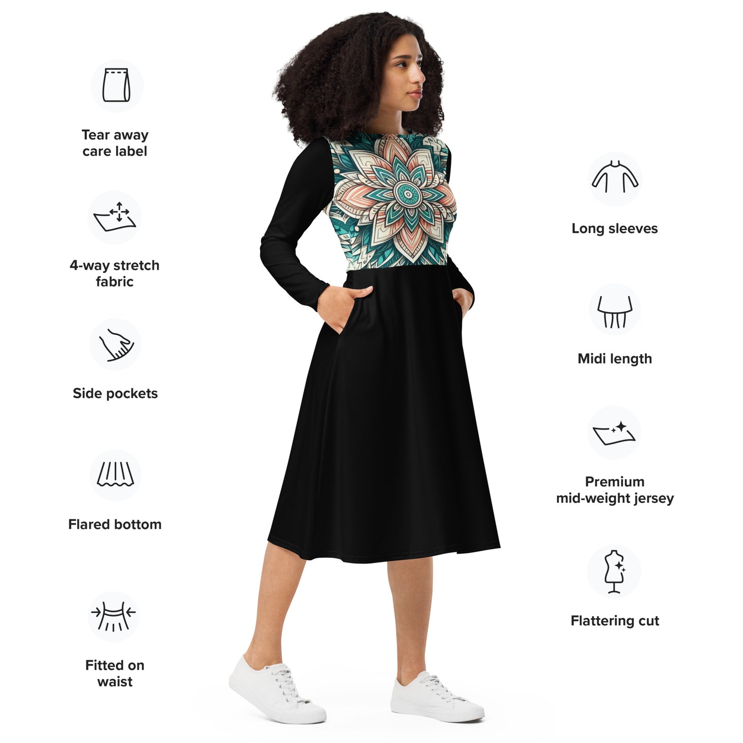 All-over print long sleeve midi dress